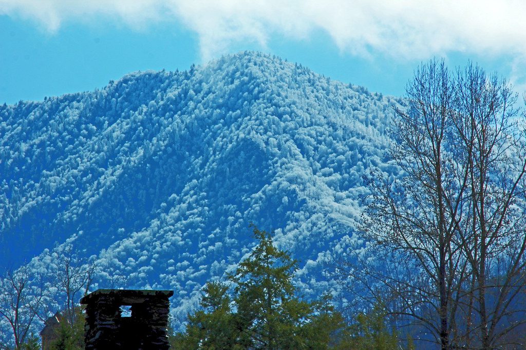 Frost-covered peak of Mount LeConte rising over the treeline in the Great Smoky Mountains, East Tennessee